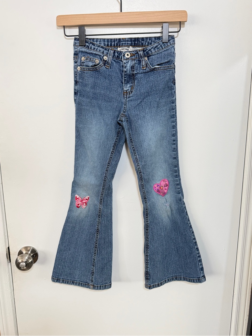 Girls Blue Flared Jeans with Pink Heart & Butterfly Patch - 8